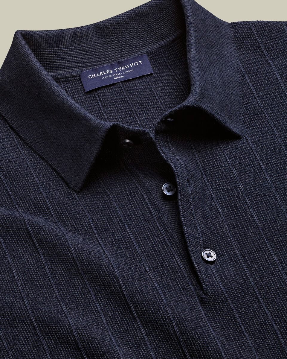 Charles Tyrwhitt England Rugby Cotton Stripe Texture Knitted Polo – Navy
