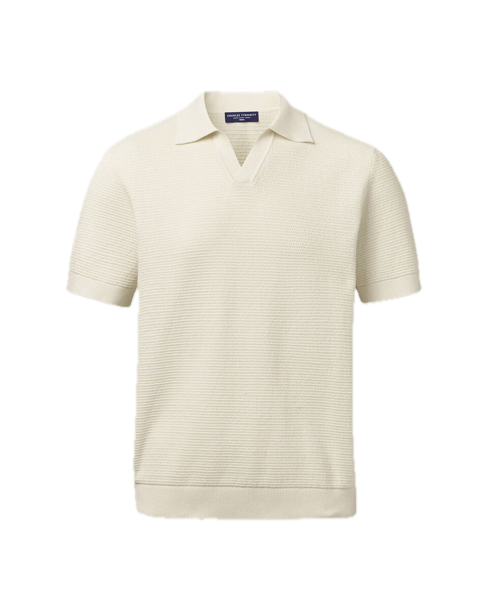 Charles Tyrwhitt Cotton Texture Trophy Neck Knitted Polo – Cream