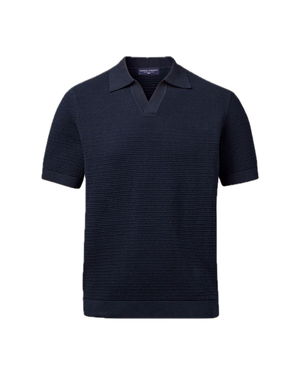 Charles Tyrwhitt Cotton Texture Trophy Neck Knitted Polo – Navy