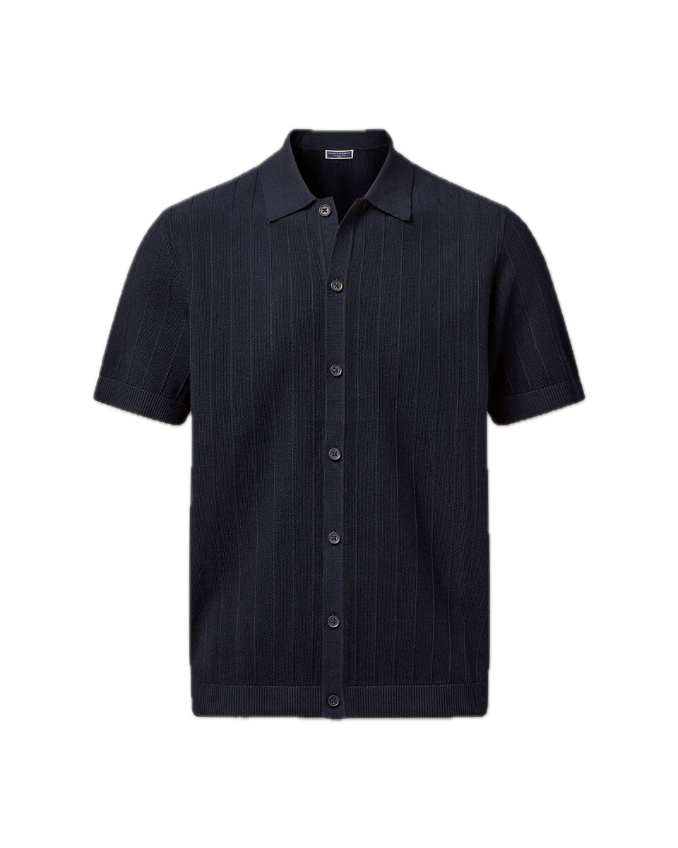 Charles Tyrwhitt Cotton Stripe Texture Button Through Knitted Polo – Navy