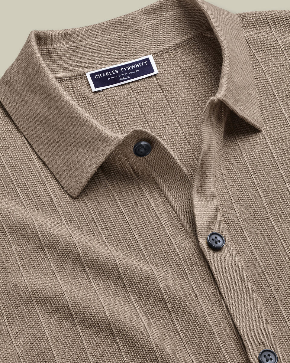 Charles Tyrwhitt Cotton Stripe Texture Button Through Knitted Polo – Taupe