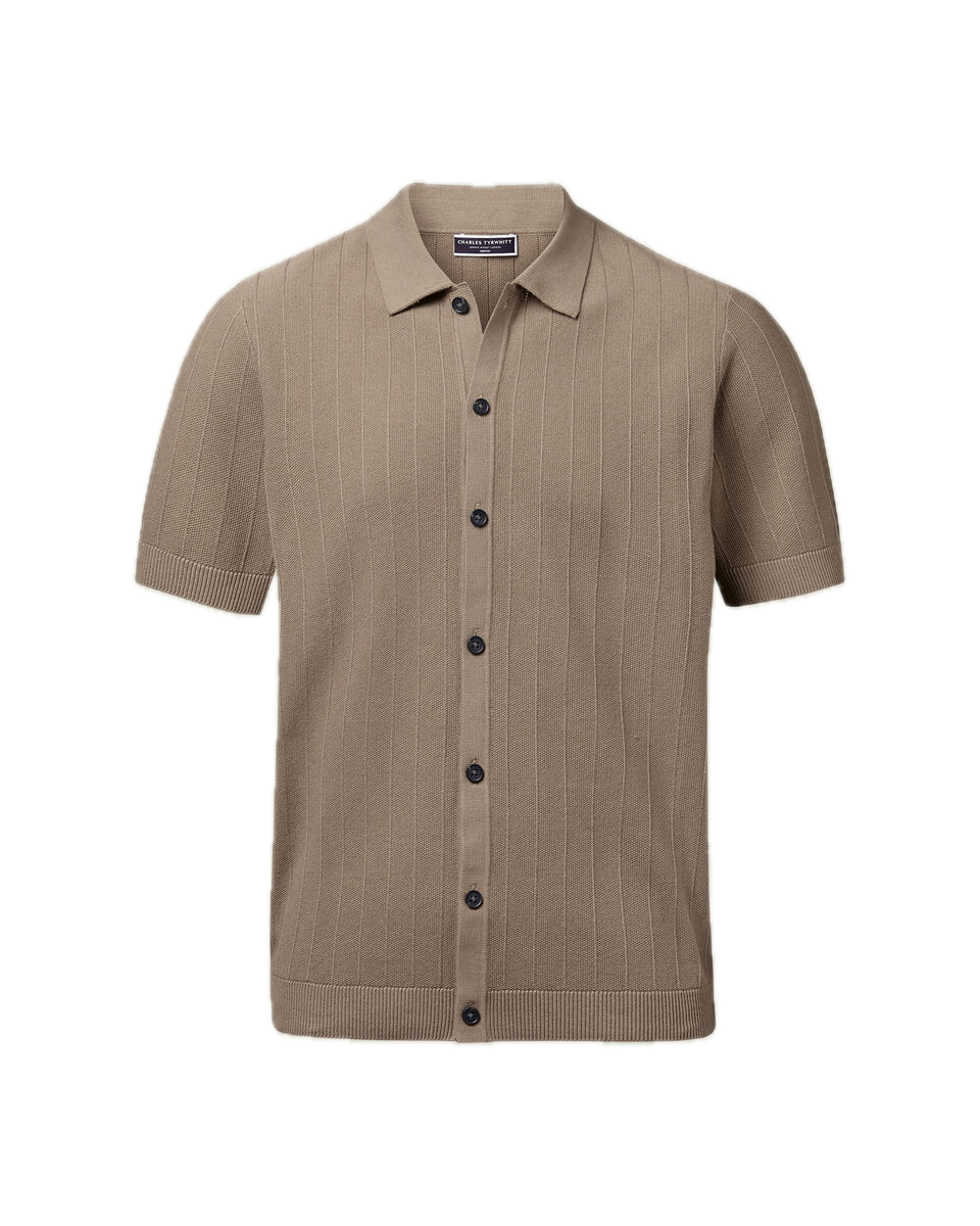 Charles Tyrwhitt Cotton Stripe Texture Button Through Knitted Polo – Taupe