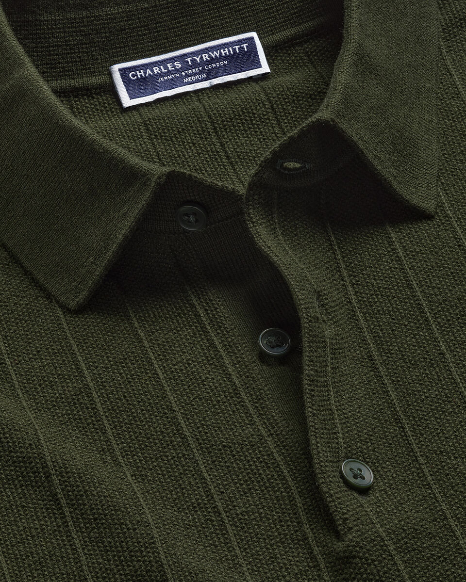 Charles Tyrwhitt Cotton Stripe Texture Knitted Polo – Olive Green