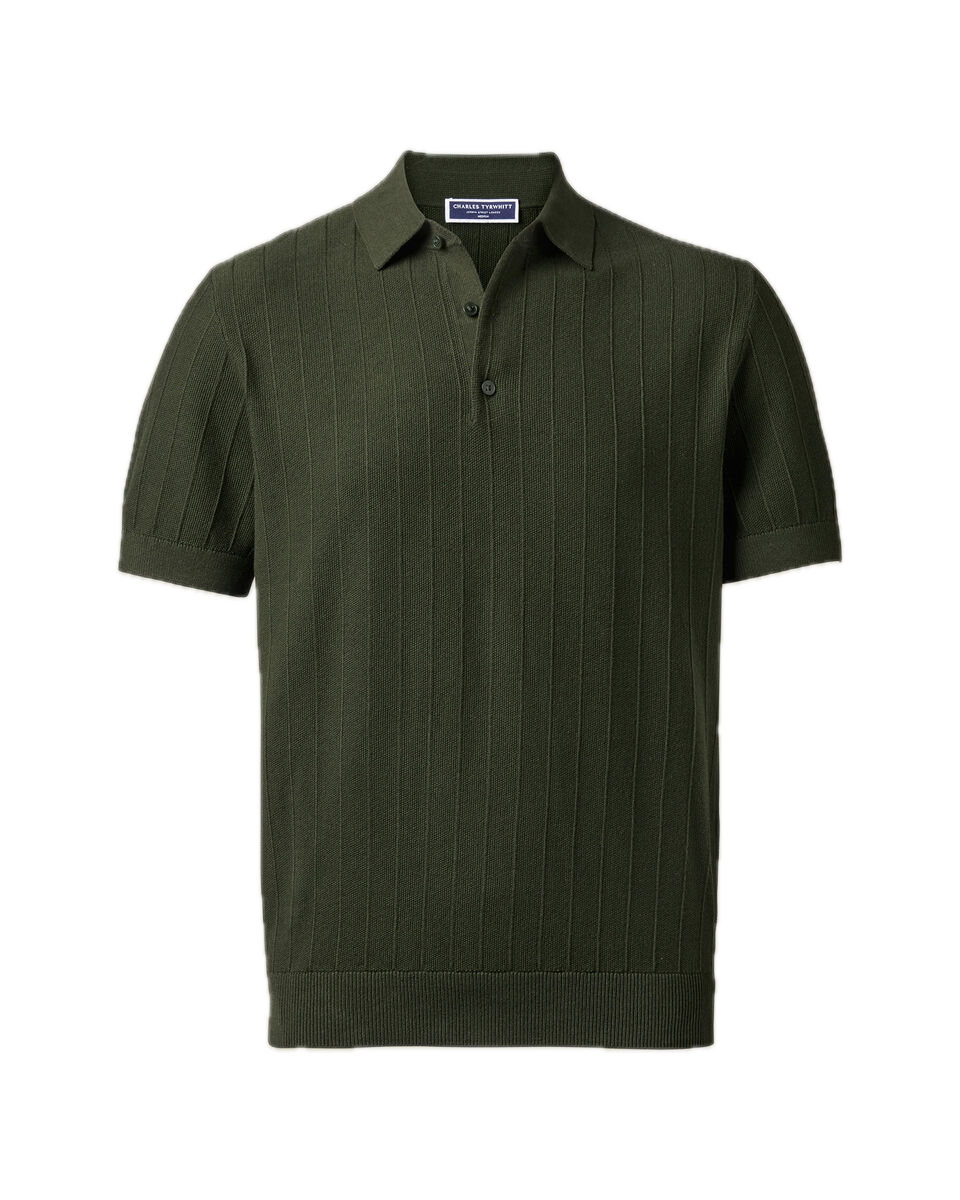 Charles Tyrwhitt Cotton Stripe Texture Knitted Polo – Olive Green