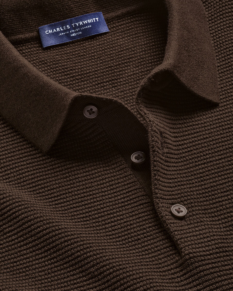 Charles Tyrwhitt Long Sleeve Cotton Textured Knitted Polo - Chocolate Brown