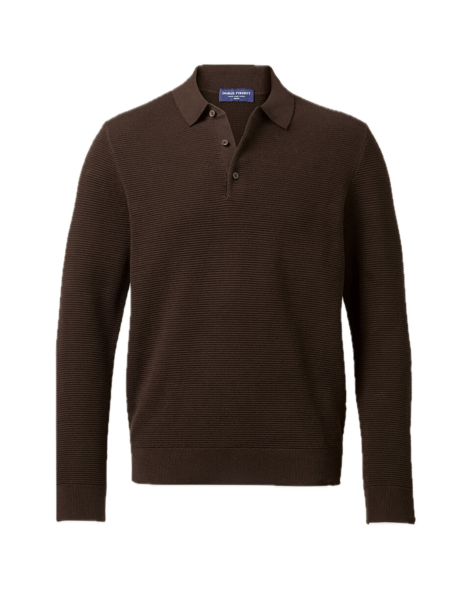 Charles Tyrwhitt Long Sleeve Cotton Textured Knitted Polo - Chocolate Brown