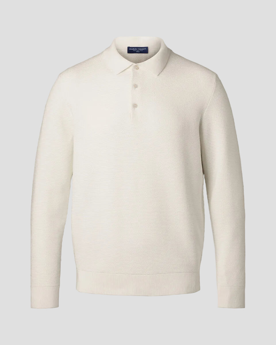 Charles Tyrwhitt Long Sleeve Cotton Textured Knitted Polo - Cream