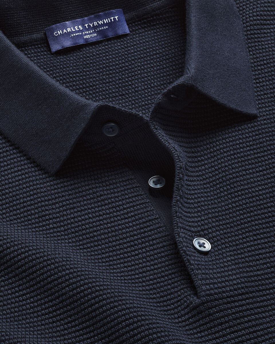 Charles Tyrwhitt Long Sleeve Cotton Textured Knitted Polo - Navy Blue