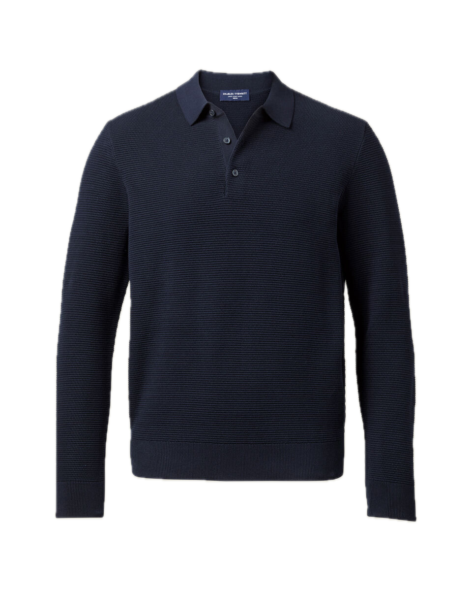 Charles Tyrwhitt Long Sleeve Cotton Textured Knitted Polo - Navy Blue