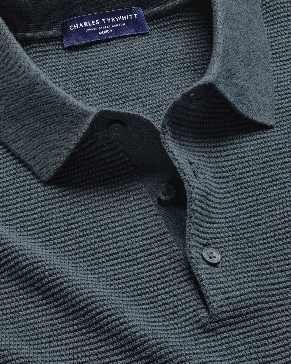 Charles Tyrwhitt Long Sleeve Cotton Textured Knitted Polo - Petrol Blue