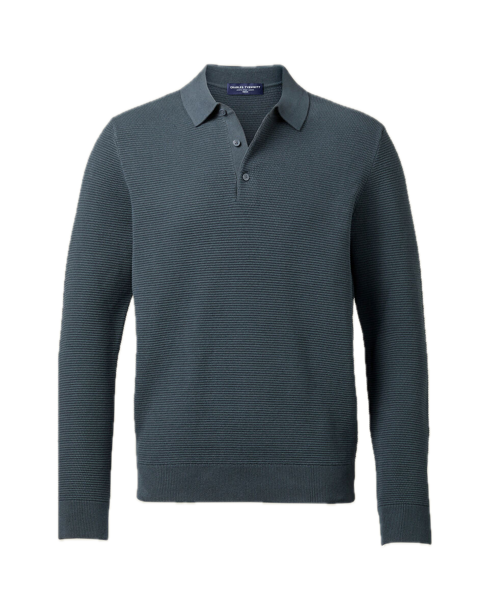 Charles Tyrwhitt Long Sleeve Cotton Textured Knitted Polo - Petrol Blue