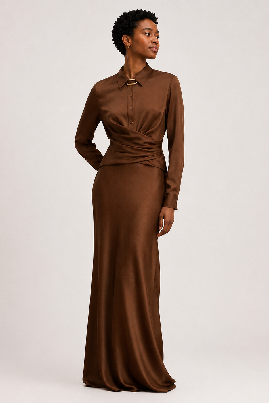 Lauren Ralph Lauren Pleated Button-Up Charmeuse Gown - Light Tobacco