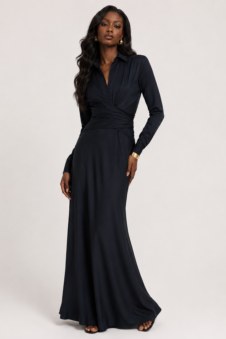 Lauren Ralph Lauren Pleated Button-Up Charmeuse Gown - Lauren Navy