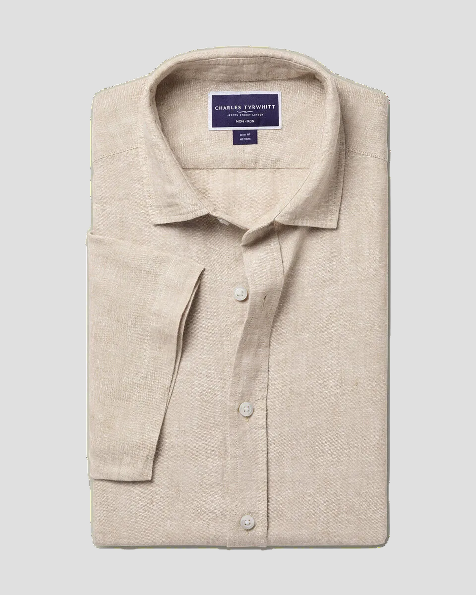Charles Tyrwhitt Pure Linen Short Sleeve Shirt - Oatmeal - LuxxeCoast