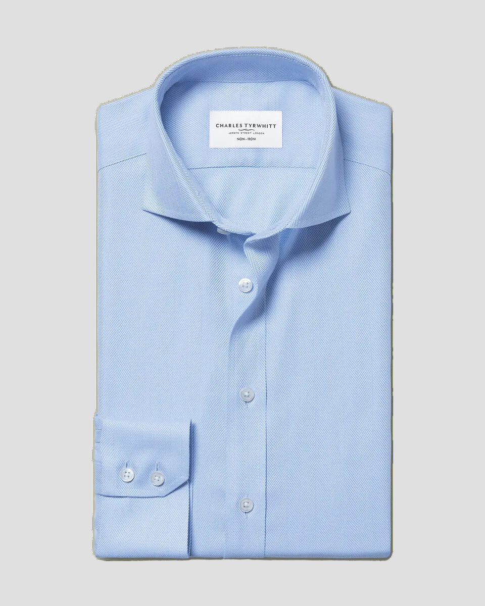 Charles Tyrwhitt Cutaway Collar Non-Iron Herringbone Shirt - Sky Blue - LuxxeCoast