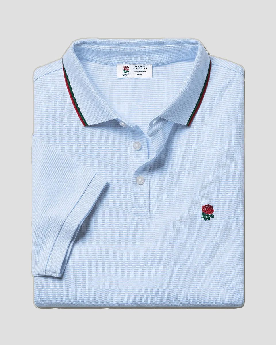Charles Tyrwhitt England Rugby Stripe Pique Polo - Sky Blue - LuxxeCoast