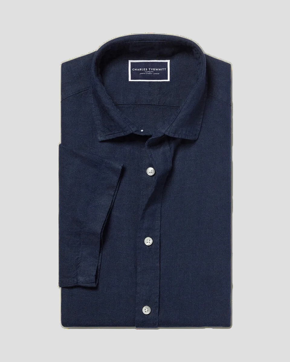Charles Tyrwhitt Pure Linen Short Sleeve Shirt - Navy - LuxxeCoast