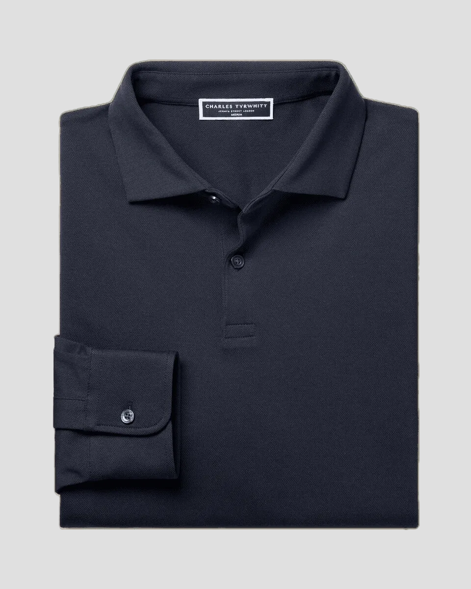 Charles Tyrwhitt Long Sleeve Smart Pique Polo - Navy - LuxxeCoast