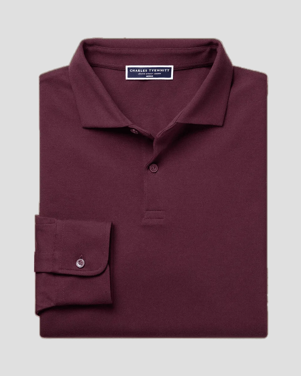 Charles Tyrwhitt Long Sleeve Smart Pique Polo - Wine Red - LuxxeCoast