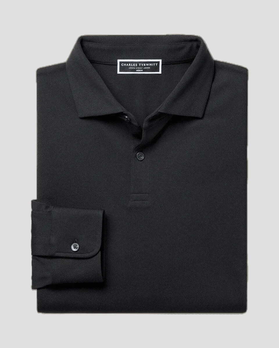 Charles Tyrwhitt Long Sleeve Smart Pique Polo - Black - LuxxeCoast