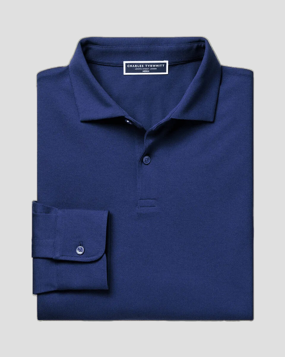 Charles Tyrwhitt Long Sleeve Smart Pique Polo - Royal Blue - LuxxeCoast