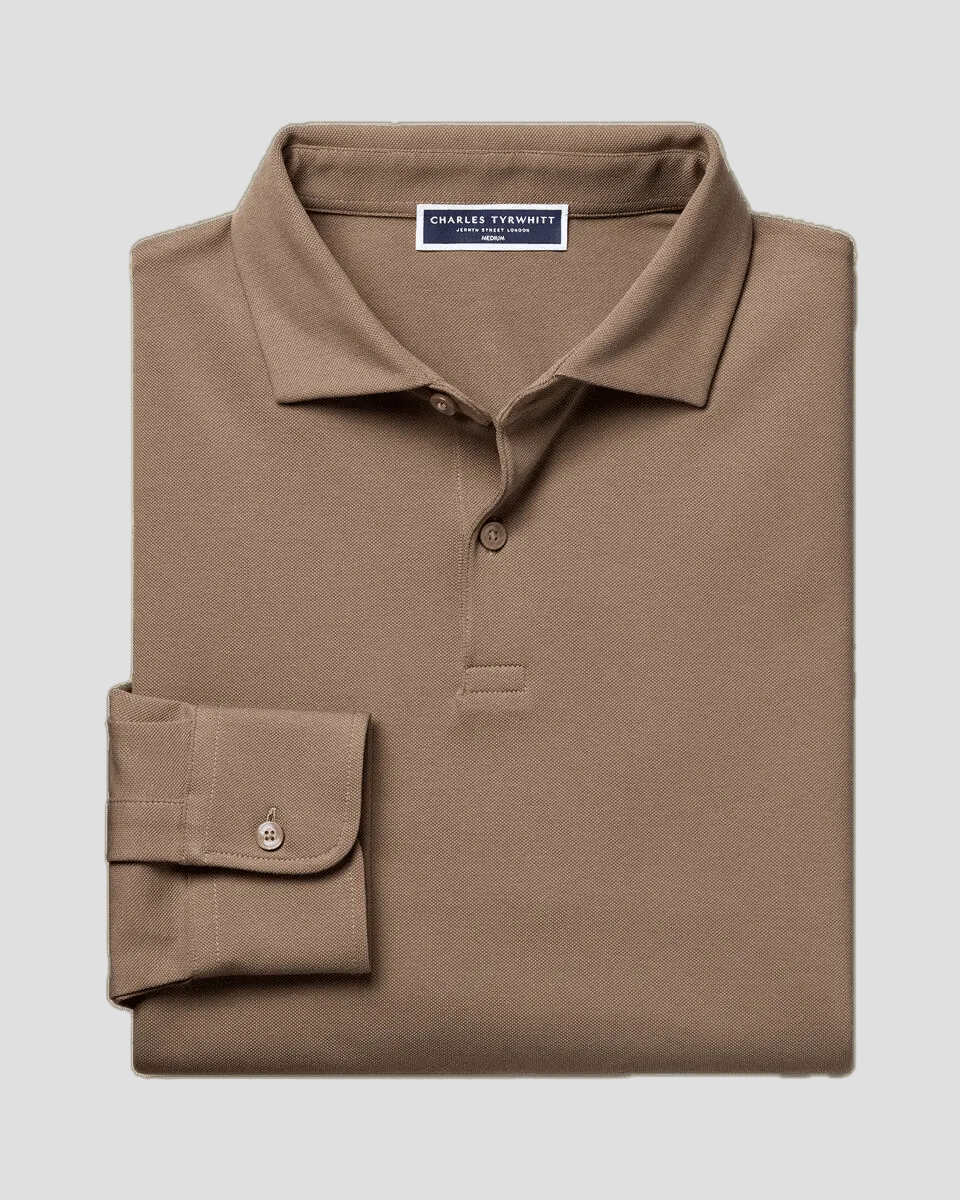 Charles Tyrwhitt Long Sleeve Smart Pique Polo - Camel - LuxxeCoast