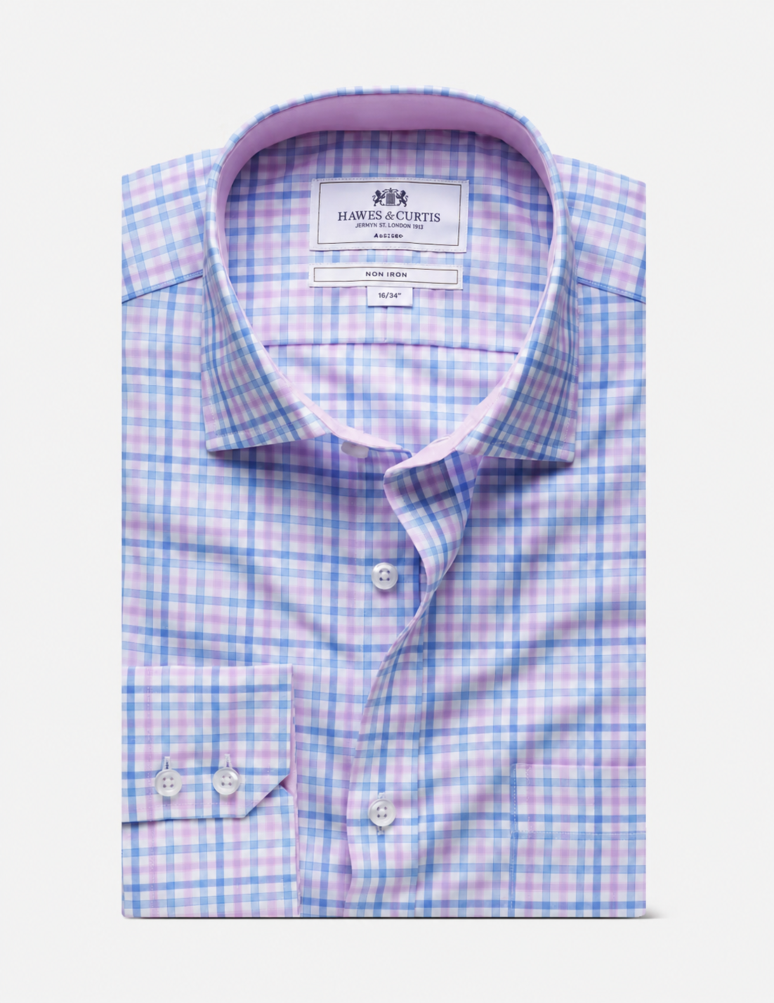 Hawes & Curtis Blue & Pink Multi Check Non-Iron Shirt - Contrast Detail