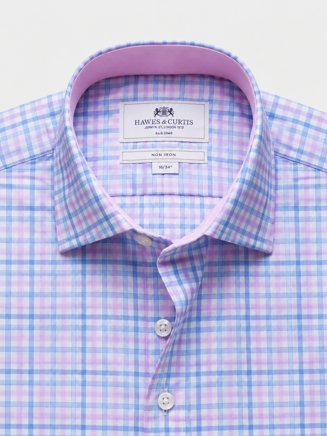 Hawes & Curtis Blue & Pink Multi Check Non-Iron Shirt - Contrast Detail