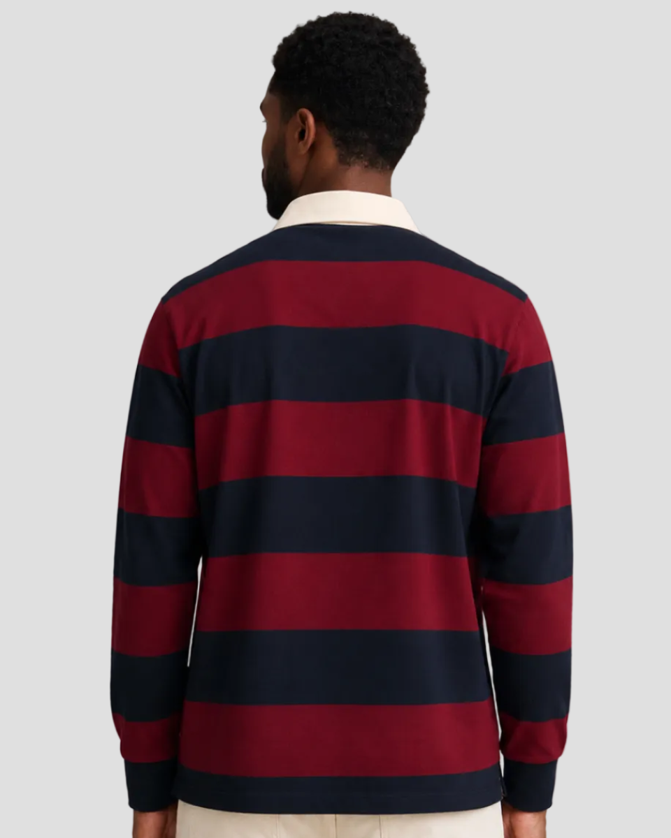 Polo Club Long-Sleeve Striped Polo Shirt – Navy Blue & Maroon