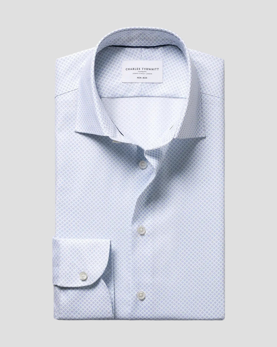 Charles Tyrwhitt Non-Iron Geometric Print Shirt - White & Sky Blue