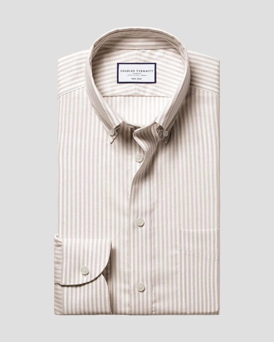 Charles Tyrwhitt Non-Iron Stretch Oxford Stripe Shirt - Taupe