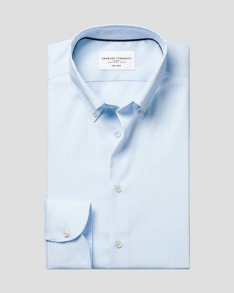 Charles Tyrwhitt Non-Iron Stretch Pinpoint Oxford Stripe Shirt – Sky Blue