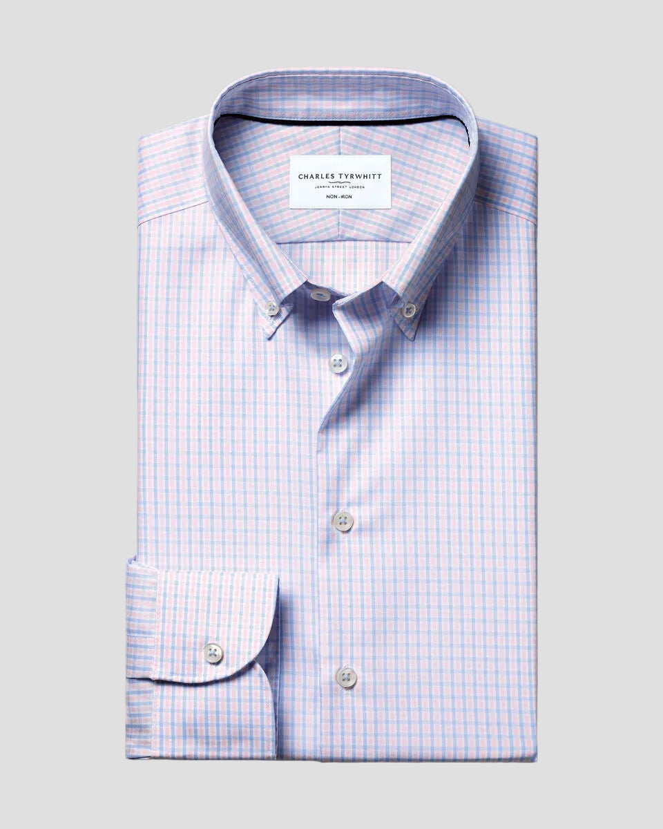 Charles Tyrwhitt Non-Iron Stretch Pinpoint Oxford Check Shirt - Blue & Pink