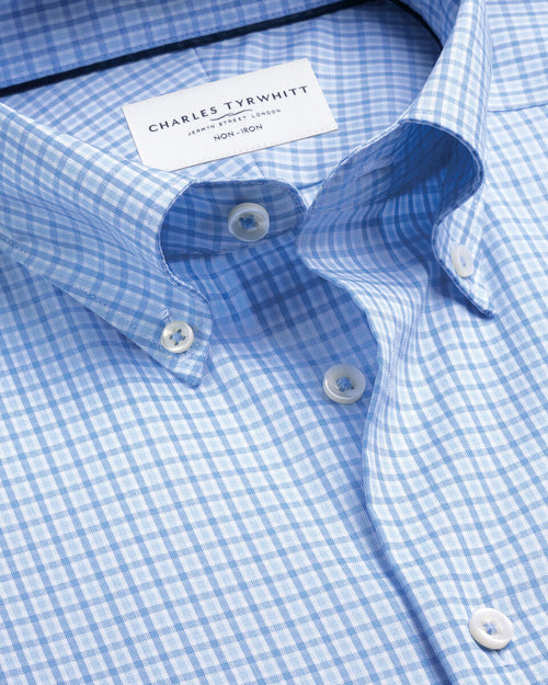 Charles Tyrwhitt Non-Iron Stretch Pinpoint Oxford Check Shirt - Cornflower Blue