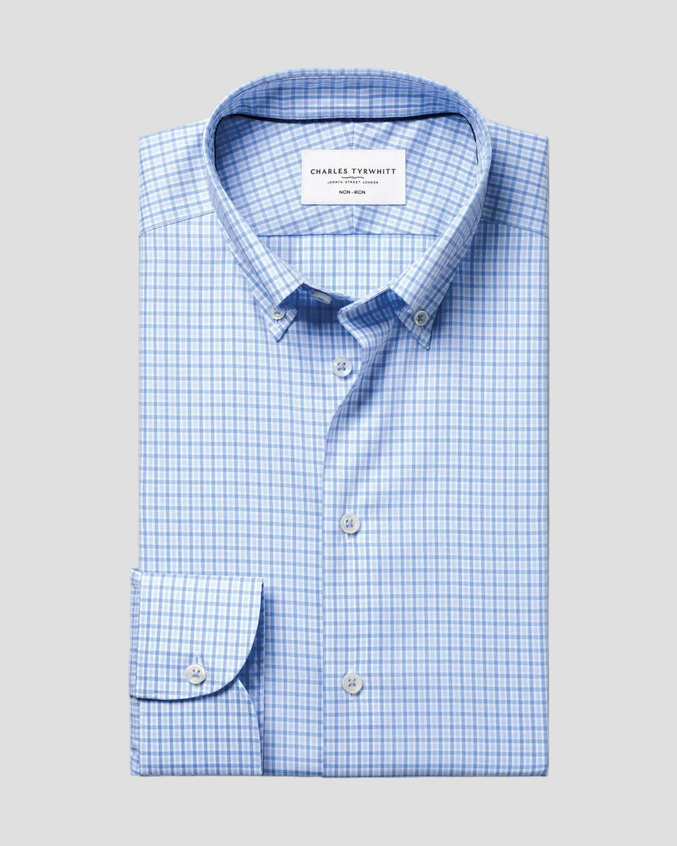 Charles Tyrwhitt Non-Iron Stretch Pinpoint Oxford Check Shirt - Cornflower Blue