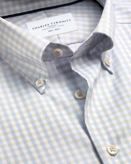Charles Tyrwhitt Non-Iron Stretch Pinpoint Oxford Gingham Shirt - Stone & Sky Blue