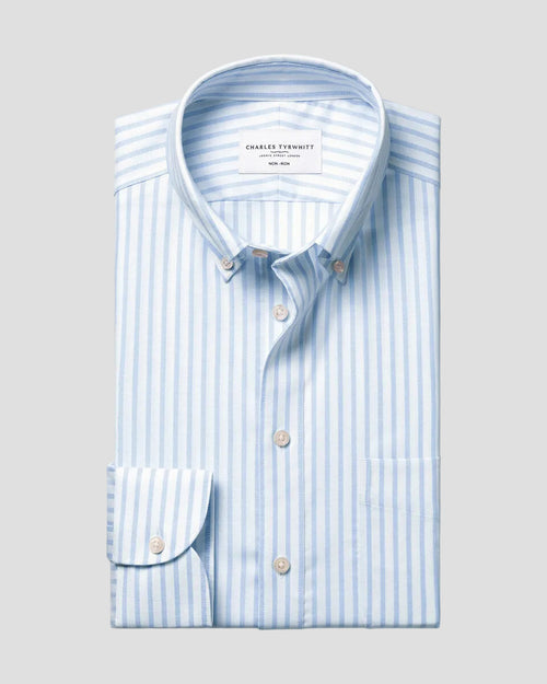 Charles Tyrwhitt Button-Down Non-Iron Stretch Oxford Stripe Shirt - Sky Blue