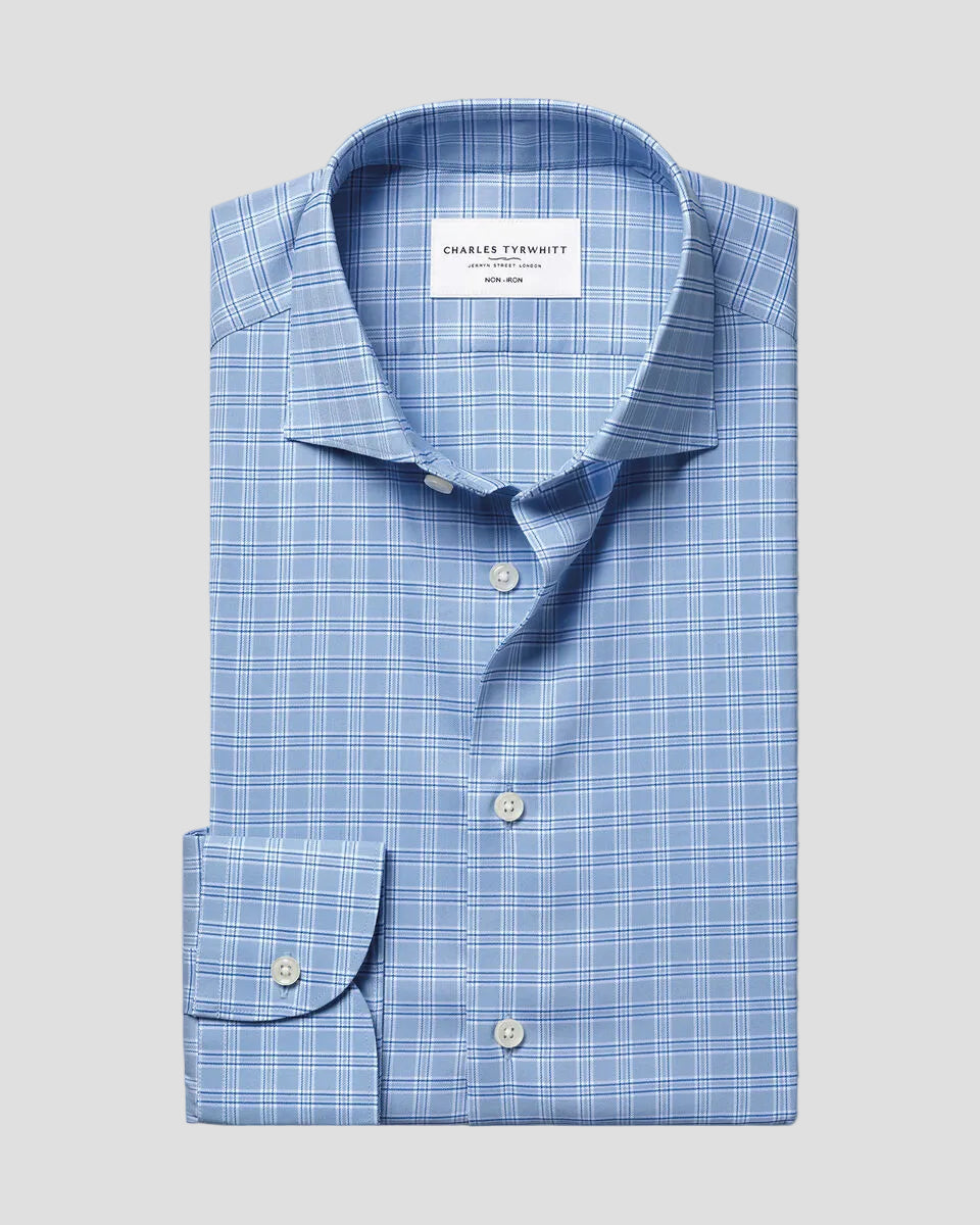 Charles Tyrwhitt Non-Iron Performance Windowpane Check Shirt - Blue
