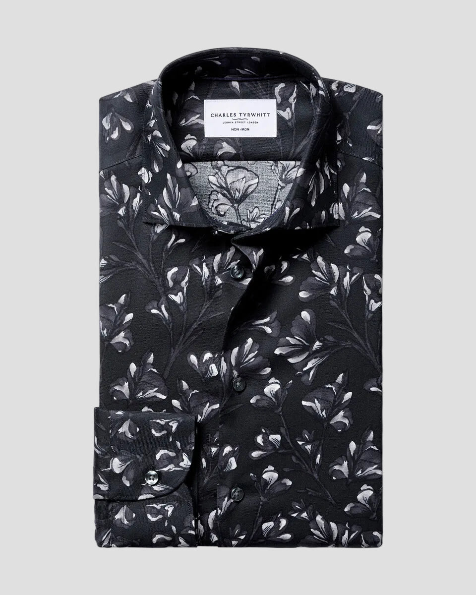 Charles Tyrwhitt Non-Iron Stretch Floral Print Shirt - Black