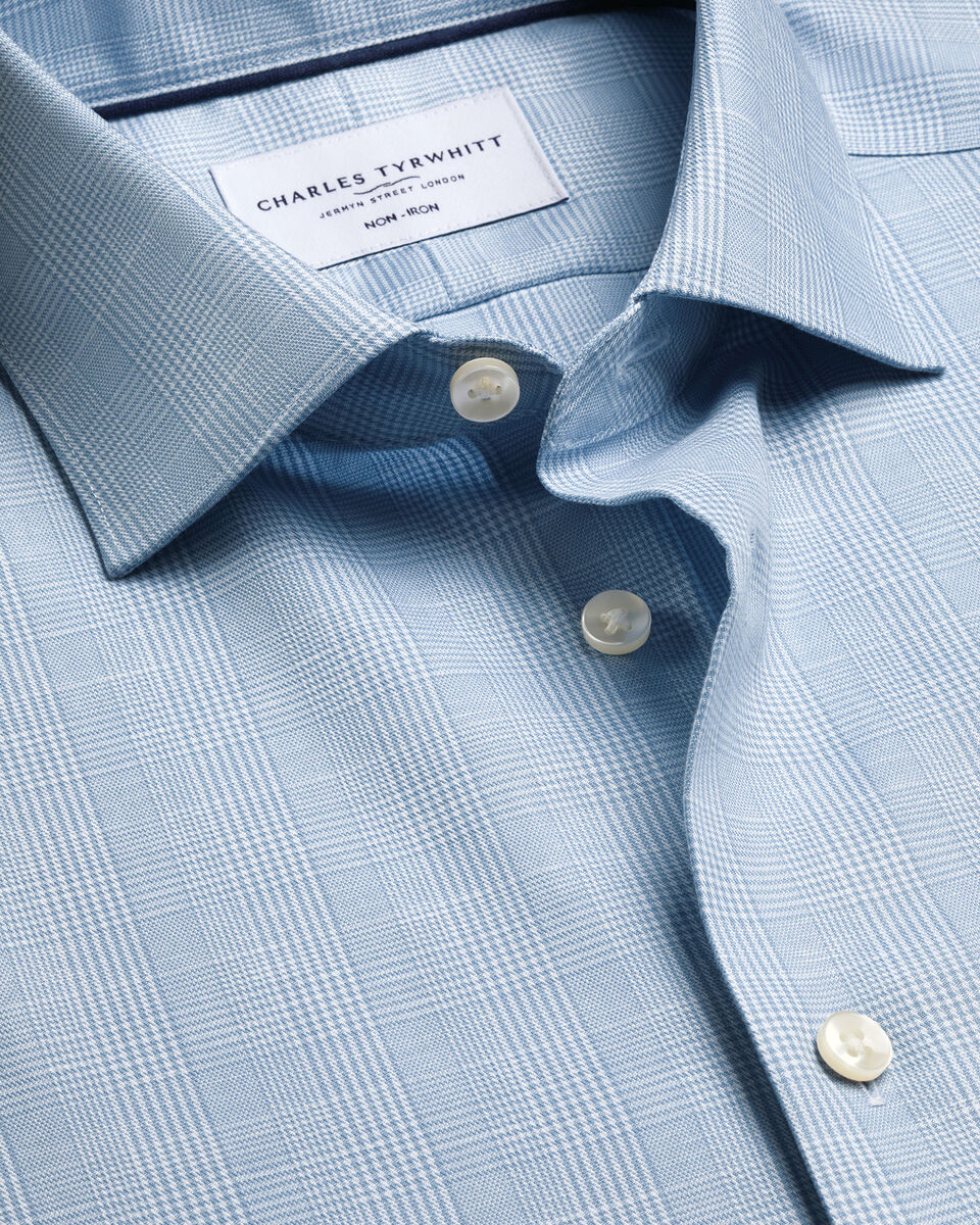 Charles Tyrwhitt Non-Iron Cotton Linen Prince of Wales Shirt - Mid Blue