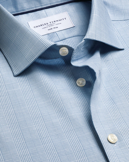Charles Tyrwhitt Non-Iron Cotton Linen Prince of Wales Shirt - Mid Blue