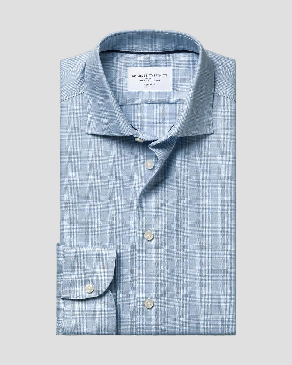 Charles Tyrwhitt Non-Iron Cotton Linen Prince of Wales Shirt - Mid Blue