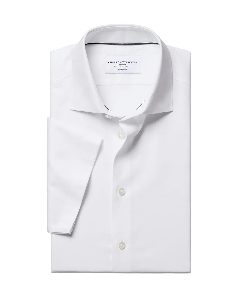 Charles Tyrwhitt Short Sleeve Non-Iron Cotton Linen Shirt - White