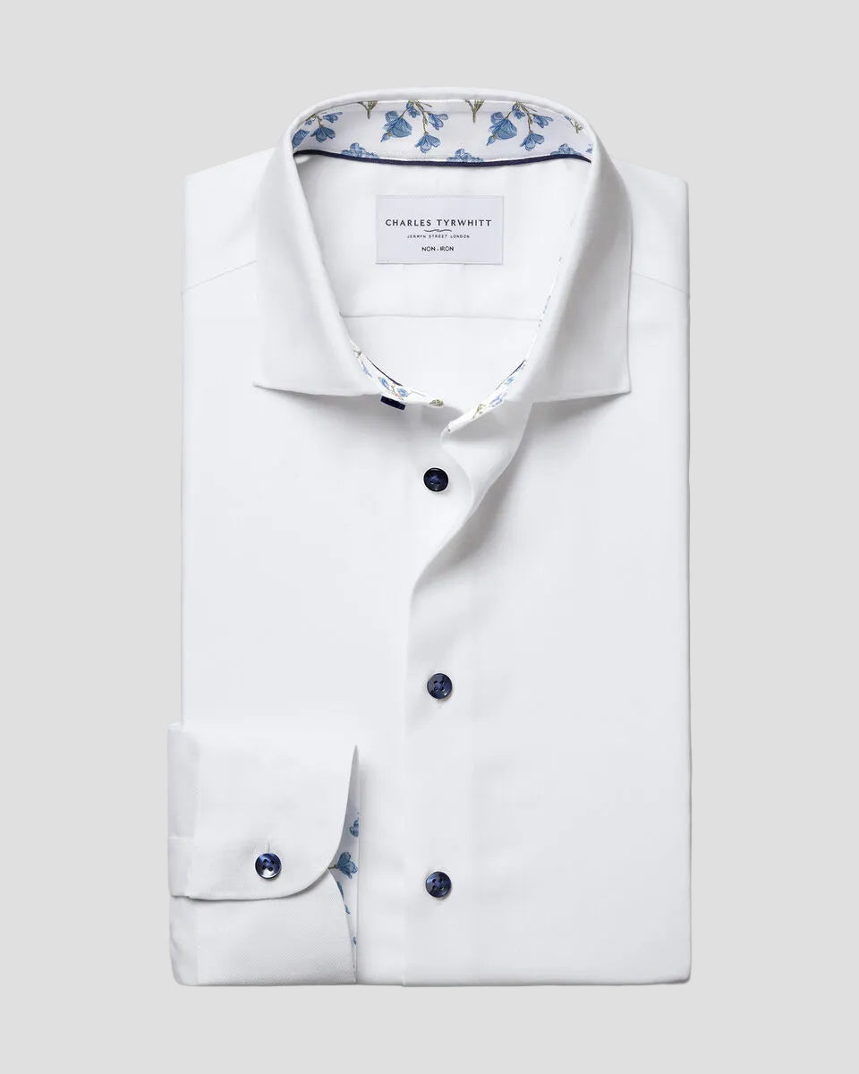 Charles Tyrwhitt Non-Iron Stretch Floral Printed Trim Shirt - White