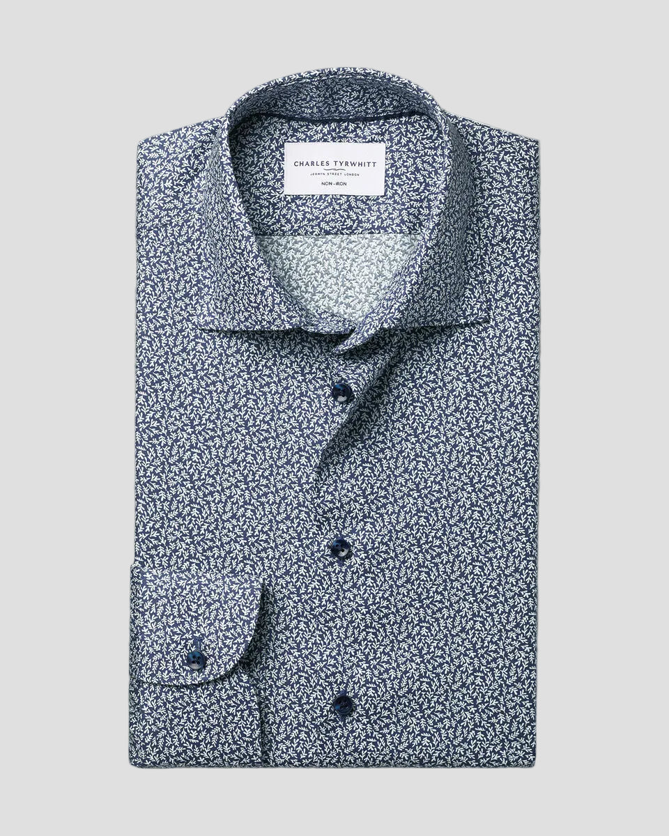 Charles Tyrwhitt Non-Iron Stretch Print Shirt - Dark Blue - LuxxeCoast