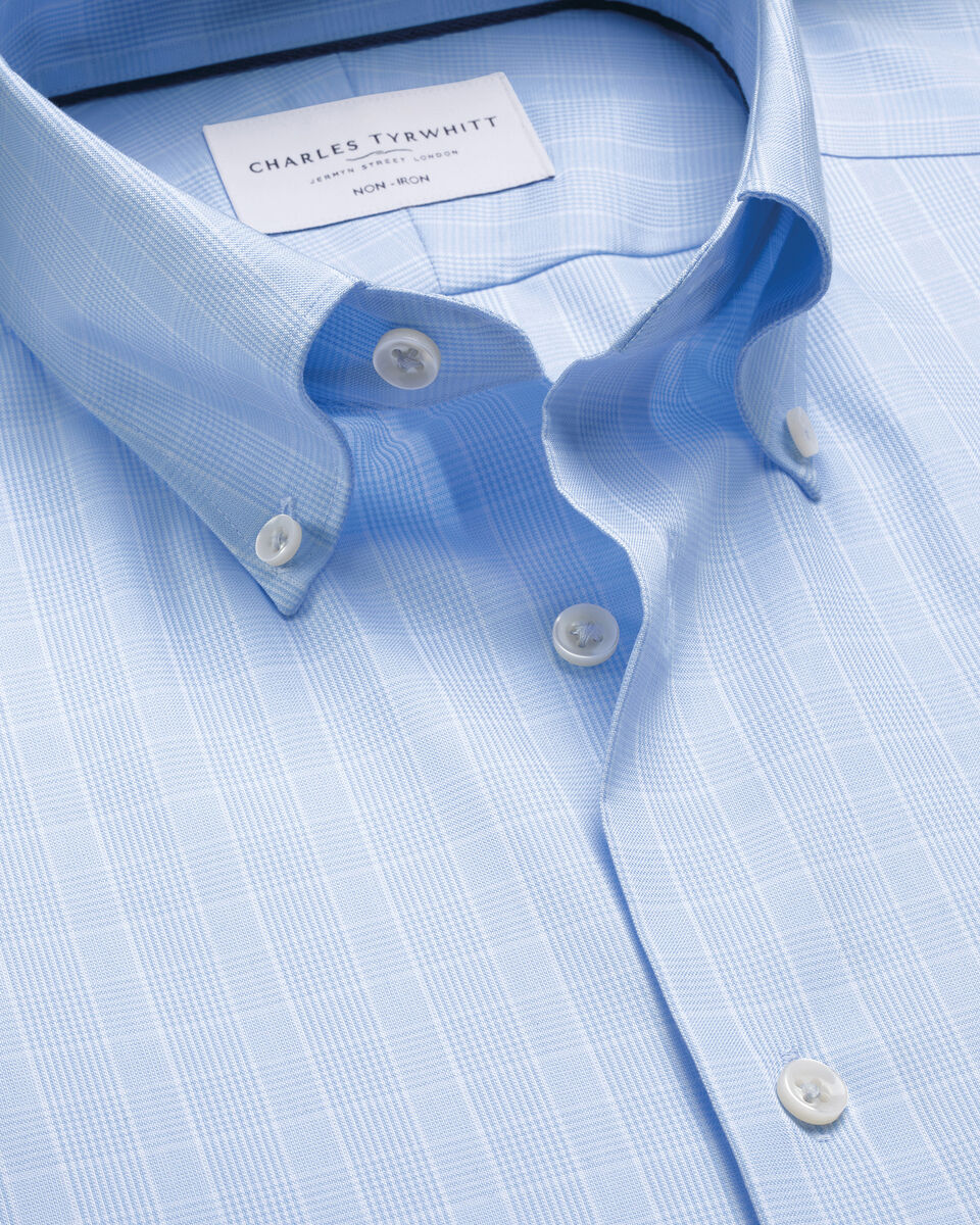 Charles Tyrwhitt Non-Iron Stretch Pinpoint Oxford Prince of Wales Shirt - Mid Blue