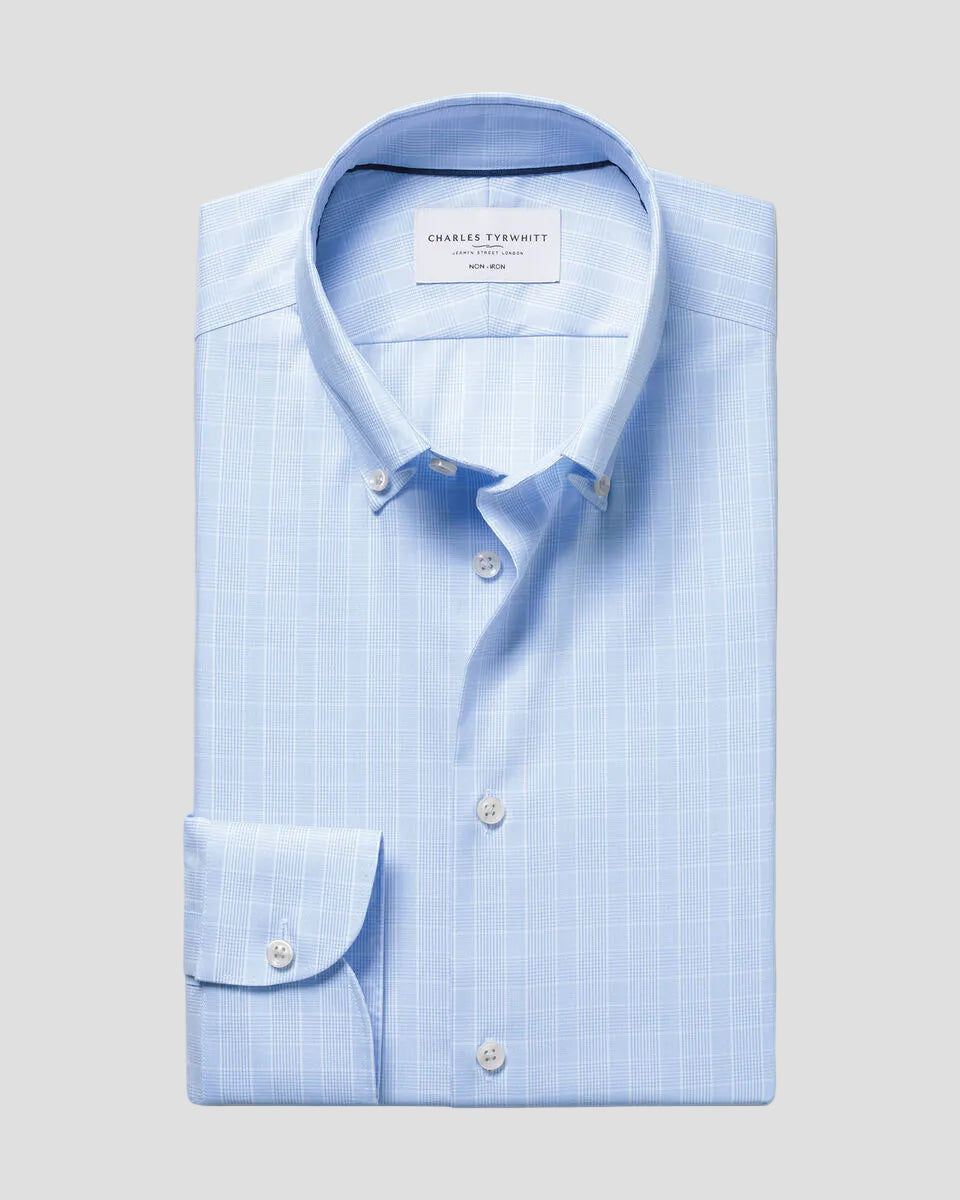 Charles Tyrwhitt Non-Iron Stretch Pinpoint Oxford Prince of Wales Shirt - Mid Blue