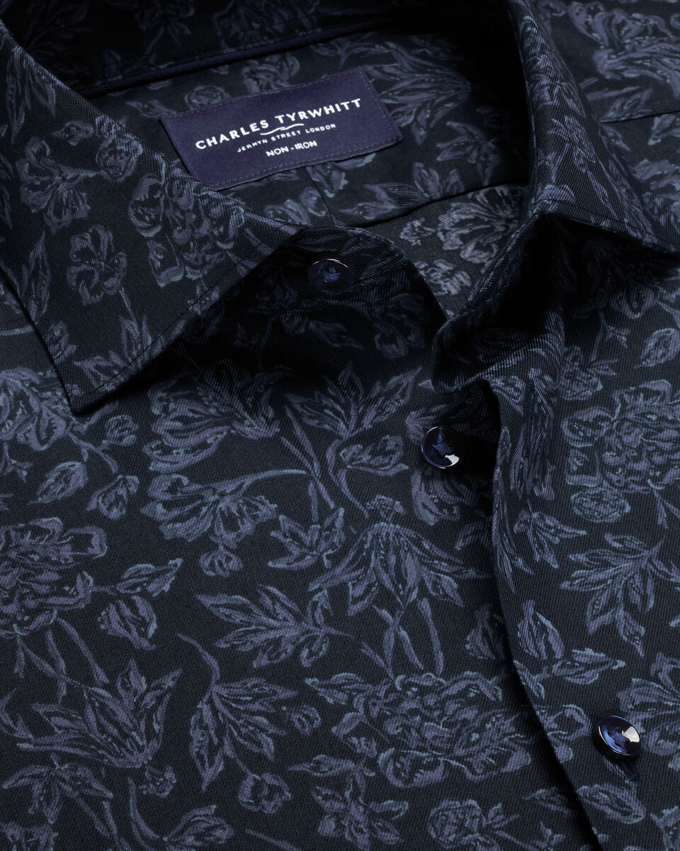 Charles Tyrwhitt Non-Iron Stretch Floral Print Shirt - Navy Blue