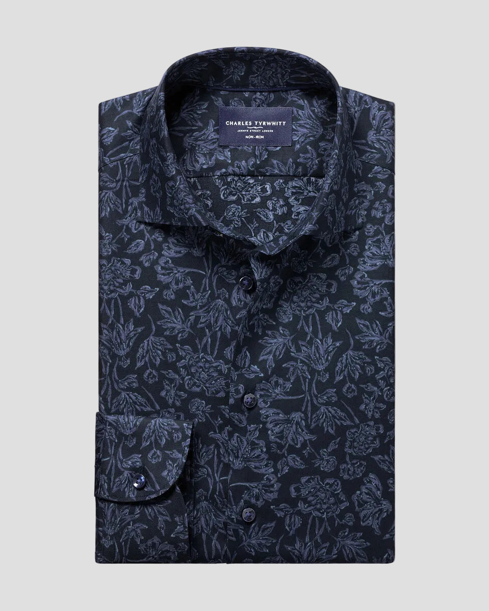 Charles Tyrwhitt Non-Iron Stretch Floral Print Shirt - Navy Blue