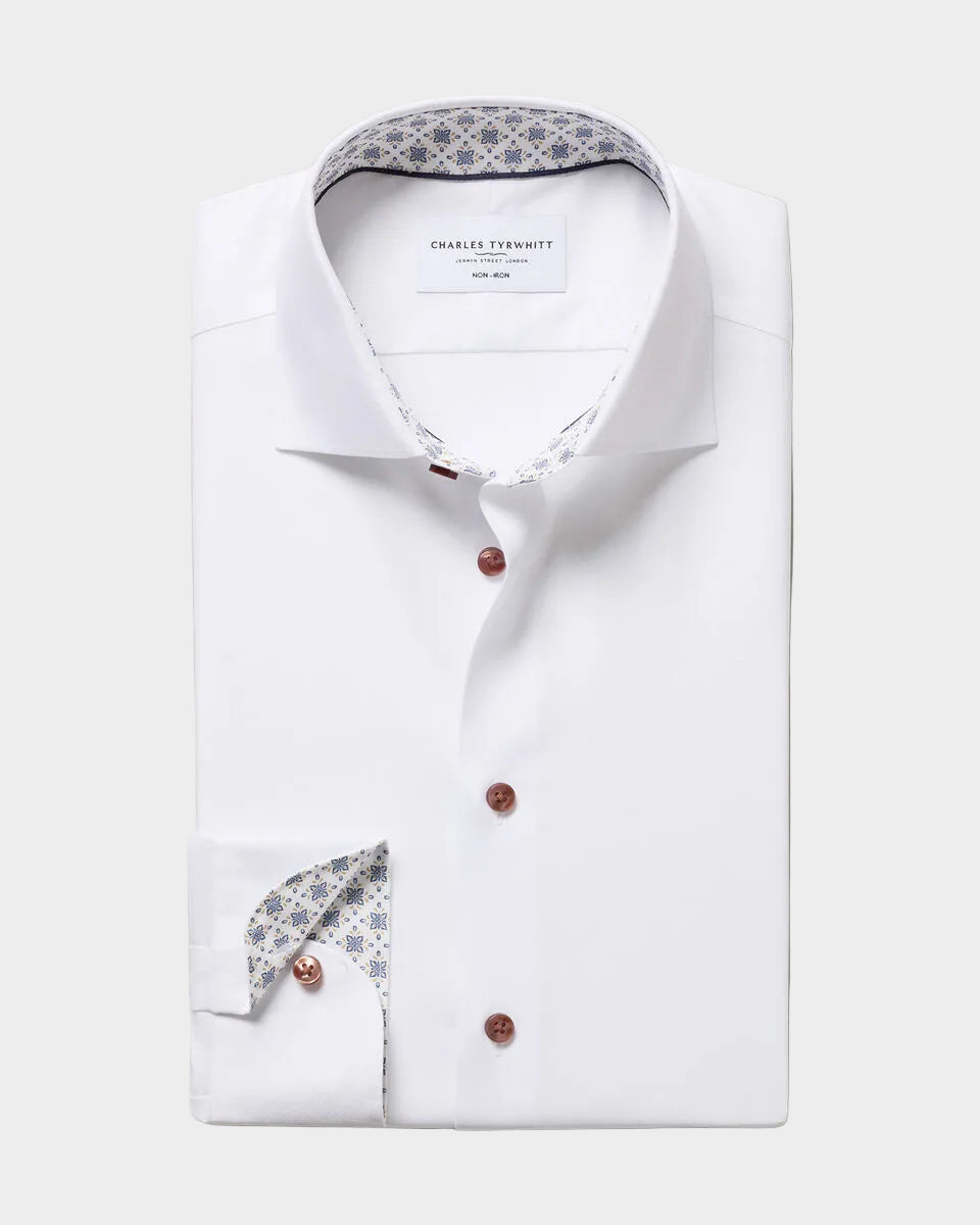 Charles Tyrwhitt Non-Iron Stretch Printed Trim Shirt - White